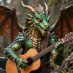 dragonborn ; fantasy race ; human with dragon head ; green bronze scales ; kind ; friendly face ; musician ; holding a guitar ; dog head