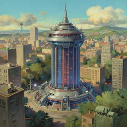 painting of a futuristic free energy generator in a city, octane rendering, trending on artstation, studio ghibli, michael whealan and james gurney