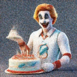 Ronald Mcdonald with a birthday cake wearing a miami dolphins jersey, concept art, cgsociety, octane render, trending on artstation, unreal engine 8k,