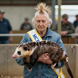 an elderly woman, mohawk, exhibiting a prize winning possum, state fair, winner, sash, bold natural colors, national geographic photography, masterpiece, 8 k, raw, unedited, symmetrical balance