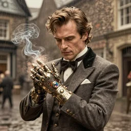 Frank Dillane wearing a stylish mix of modern and old British clothing with a magic metal glove with circuits and gems and radiating a magical aura, seductive, sexy, wispy tendrils of smoke, intricate, digital painting, old english, raining, sepia, particles floating, whimsical background by marc simonetti, artwork by liam wong