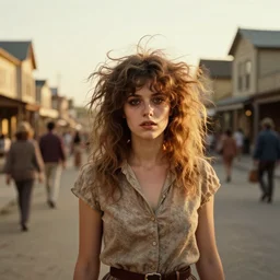 a beautiful but creepy young woman with wild, crazy hair is standing on a busy street in a country town in the 1 9 7 0 s, seventies, golden hour, painterly, offset printing technique, by alexandre cabanel