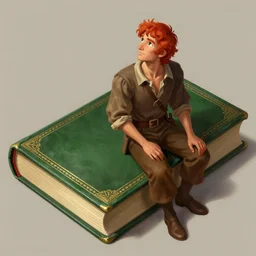 Red-haired peasant man from Lilliput sitting on huge book. Brown shirt and pants. Bookcover in green leather and gold details. Bird's eye view. Subject looking up. Style digital painting, concept art, smooth, sharp focus, illustration, from Metal Gear, by Ruan Jia and Mandy Jurgens and William-Adolphe Bouguereau, Artgerm