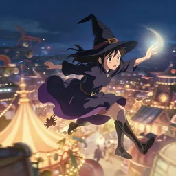 flying above travelling witch carnival, magic night time, high octane filter, 8 k, highly detailed, digital painting, lens flare, bloom, cinematic, concept art, matte, art by ruan jia and wlop and greg rutkowski and makoto shinkai, masterpiece