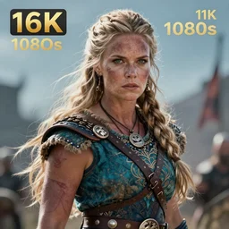 Official photo of an attractive majestic fierce viking woman, leader, mind-blowing details, ethereal, fear, scarred, highly detailed, viking attire, cinematic, 16k, 1080s,  smooth, sharp focus, by Stanley Artgermm, Tom Bagshaw, Greg Rutkowski, Vincent di Fate, Carne Griffiths, Ayami Kojima, WLOP, trending on DeviantArt, hyper detailed, full of color, digital art,
