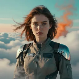 symmetry!!! closeup portrait of a cyborg pilot girl in a cockpit, fashion racing jumpsuit with shiny shoulder pads, in clouds, cinematic light, windy, teal orange, volumetric smoke simulation! by gerald brom, by mikhail vrubel, by peter elson, muted colors, extreme detail, trending on artstation, 8 k