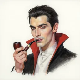 an oil drawing of a young vampire with a pipe in his hand, a character portrait by muggur, disco elysium character, featured on deviantart, fantasy art, concept art, official art, hd mod