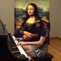 a young woman wearing a short dress and sneakers playing a piano!, looks like mona lisa, sharp focus, hyper realistic, centered, insanely detailed, long shadows, a painting by leonardo da vinci