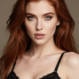 a beautiful portrait, sexy fantasy. professionally retouched, soft lighting, wearing sexy black dessous, realistic, hyperrealistic hyperdetailed smooth face, perfect green eyes, long ginger hair with black highleights, wide angle, sharp focus on the eyes, 8 k high definition, insanely detailed, intricate, elegant, art by artgerm and wlop