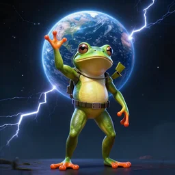 a frog solider with muscles standing on two feet and lifting a planet, cinematic lightning, 8 k, octane, digital art, matte painting, vivid colors