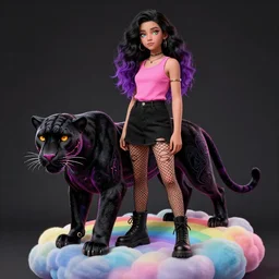 moroccan teenager with long, wavy black and purple hair and rainbow - colored eyes wearing a pink tank top and black miniskirt with ripped fishnet tights and black combat boots stands on a rainbow cloud with a neon - striped black panther at her side, ultrafine hyperrealistic by loish and artgerm and greg rutkowski, intricate linework, sharp focus, smooth, unreal engine, dramatic lighting, 8 k