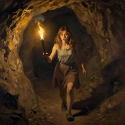 a girl with a torch walking through a cave, the girl is scared, by mumford, dan