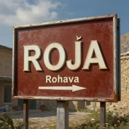 ROJAVA sign in Rojava, 4k, photorealistic, high detail, hdr, atmospheric, beautiful volumetric photorealistic painting