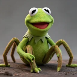 giant arachnoid with the head of kermit, realistic, creepy, horror