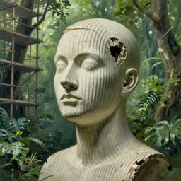 ribbed abandoned portrait human face and neck pose, covered with scaffolding standing in a gorgeous green oasis, baroque painting, dream - like heavy atmosphere, surreal abandoned buildings, beautiful detailed intricate insanely detailed octane render trending on artstation, 8 k artistic photography, photorealistic, chiaroscuro, raphael, caravaggio