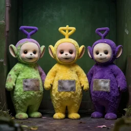 ultra realistic worn out teletubbies lost in the backrooms, low key