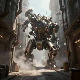 a steamy, mechanical dieselpunk alleyway from an alternate future. bright scene. fine detail. this 4 k hd image is trending on artstation, featured on behance, well - rendered, extra crisp, features intricate detail, epic composition and the style of unreal engine.