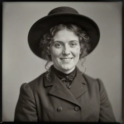 a late 1 9 th century, thirtysomethins years old, austro - hungarian woman ( with termed kyphosis, wart and messy, brown hair, [ [ big black hat ] ], bun, looks almost like cate blanchett with a playful smile ), daguerreotype by emil rabending