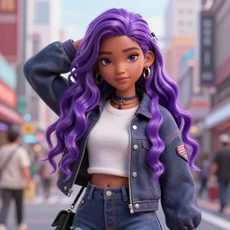 detailed render of anthy himemiya as a college student, long wavy purple hair, indian girl with brown skin, cinema 4d, unreal engine, tokyo fashion, 4k, detailed character art, girly, concept art, portrait, japanese streetwear, dramatic pose, shoujo manga character design, character art, femme, urban, vibrant, highly detailed, photorealistic