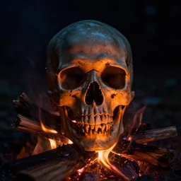 skull in a campfire at night, spooky, horror, creepy lighting directed by wes craven