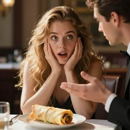 A man listening to his waiter clarify that what he has ordered does in fact come with an eggroll