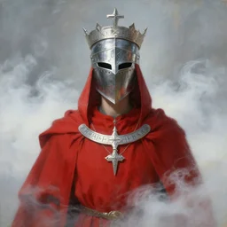 portrait of a divine knight dressed in red robes and helmet, silver crown, runes, jewelry, mystical, ethereal, magical white fog, painting by greg rutkowski and alphonse mucha