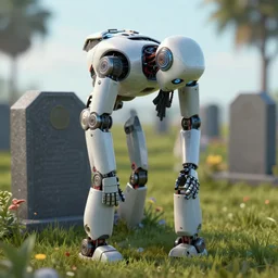 a robot bows its head in contemplation in front of a grave, octane render, 8 k by james jean, ayami kojima, justin gerard, craig mullins
