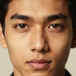 extreme close - up shot, studio photography portrait of a beautiful indian and southeast asian man in his teens, light brown eyes, diamond - shaped face, in the style of saul leiter, warm lighting, 2 4 mm, 8 k