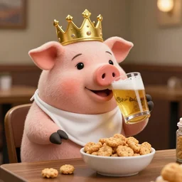 realistic photo of a cute puppet pig wearing a gold crown drinking beer and eating a bowl pork rinds a table with a bib on, high quality, cinematic concept art