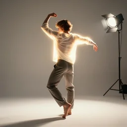 photo still of posterior view, aaron taylor johnson dancing, glowing aura, 8 k, studio lighting bright ambient lighting key light, 8 5 mm f 1. 8
