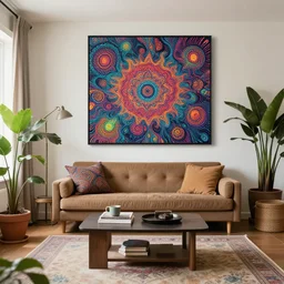 home interior, sustainability, nature, high quality, prepared for psychedelic trip, art