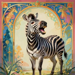 realistic laughing zebra art by rene magritte on a colorful, bright, ornate background in art nouveau style