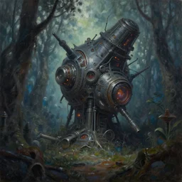 chiaroscuro oil on canvas hdr flambient cinematic matte painting of a strange sci-fi fantasy magical industrial alien technology time travel device rotting in a dreamlike forest