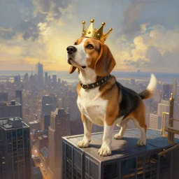 a fantasy painting of a beagle king, stood on a skyscraper overlooking a vast city, cinematic, beautiful lighting, dramatic