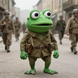 a photo of pepe the frog in ww 2 caught in the middle of the streets, historical photo,