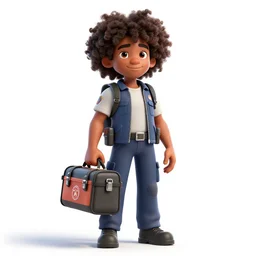 afro-haired paramedic with medical bag, detailed 3d character render, full body, standing, isolated on a pure white background, centered, whole figure in frame, sharp focus, studio lighting
