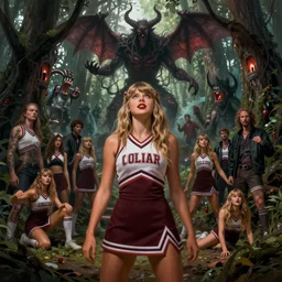 twin peaks movie poster art portrait of taylor swift local cheerleader being sacrificed to moloch in ritual in the grove, highly detailed, digital painting, artstation, concept art, smooth, sharp focus, illustration, by artgerm, saturno butto, peter mohrbacher, donato giancola, leyendecker, wlop, boris vallejo, godward