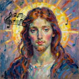 brilliantly colorful lithograph of a fragmented portrait of christina hendrick blending into musical notes in the style of claude monet