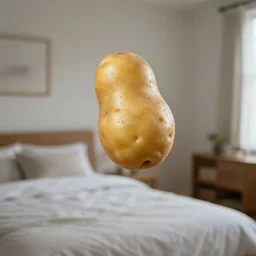 a potato flying around a bedroom