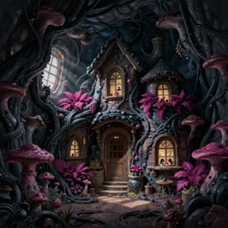 concept art painting of a interior of a cozy alien fantasy cottage made of fungus, with black vines and magenta houseplants, realistic, detailed, cel shaded, dark, in the style of makoto shinkai and greg rutkowski and james gurney