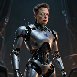 elon musk robot, sentient, ai, hyperrealistic, dark, fantasy, apocalyptic, volumetric illumination