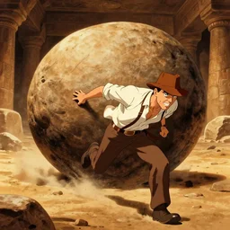 Indiana Jones being chased by a boulder trap, boulder chase, underground sandstone temple background, giant round stone chasing Indiana Jones, raiders of the lost ark, detailed background, anime key visual