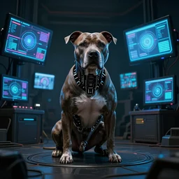 cyborg - pitbull, surrounded by screens, in 2 9 9 9, y 2 k cybercore, industrial low - light photography, still from a ridley scott movie