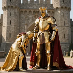 a tall and powerful royal knight in golden armor bowing to his king outside the castle, 4 k hd wallpaper, photo realistic, harsh lighting
