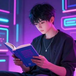 an anime boy reading a book, neon, synthwave,
