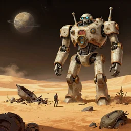 next to the wreckage of a gaint robot on a desert planet, from a space themed point and click 2 d graphic adventure game, art inspired by steampunk and thomas kinkade