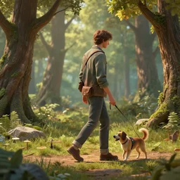 a guy walking his dog, fantasy, hd, volumetric lighting, 4 k, intricate detail, by jesper ejsing, irakli nadar