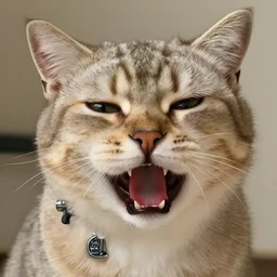 crying cat with a pistol in mouth