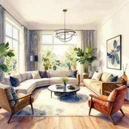 a hiper intricate watercolor of a beatiful modern indoor living room, extremely detailed, sharp focus, wide view, detailed rought paper, digital illustration, colorfull, by william turner art, by greg rutowski, by edmund dulac