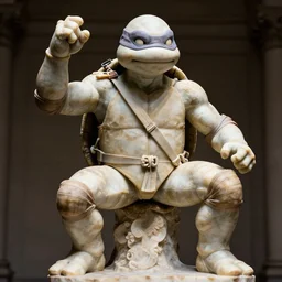 donatello of the teenage mutant ninja turtles as a sculpture from the renaissance artist michelangelo, made of white marble, high details, cinematic, dramatic lighting, photorealistic